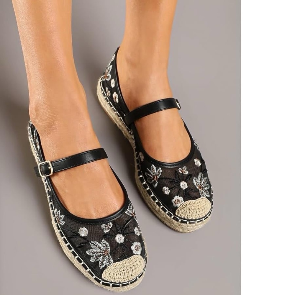 Women Mary Jane Espadrilles Embroidered Mesh Woven Outsole Ballet Flats size 9 - Picture 4 of 6